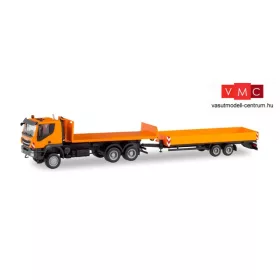   Herpa 311595 Iveco Trakker 6×6 legördíthető laposkonténerszállító kommunális teherautó, munkagépszállító pótkocsival (H0)