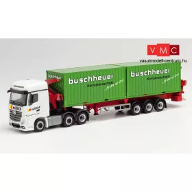   Herpa 312059 Mercedes-Benz Actros 2018 Streamspace nyergesvontató, oldalrakodós konténerszállító félpótkocsival, 2 db 20 lábas konténerrel - Schmid Transporte Regensburg (H0)