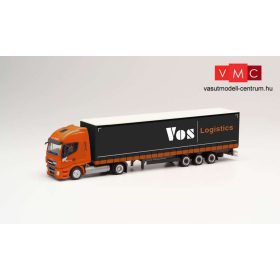 Herpa 312110 Iveco Stralis NP nyergesvontató, Lowliner ponyvás félpótkocsival - VOS Logisti