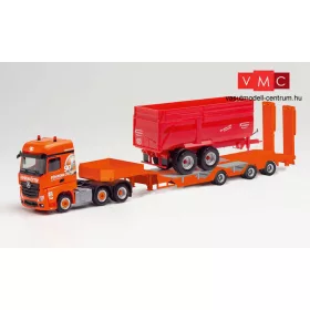   Herpa 312196 Mercedes-Benz Actros 2018 Bigspace 6x2 nyergesvontató, munkagépszállító félpótkocsival, Big Body mezőgazdasági pótkocsi rakománnyal - Fehrenkötter (NRW/Ladbergen) (H0)