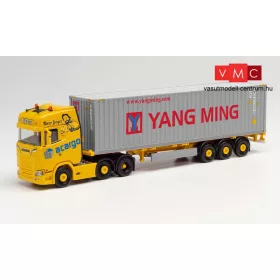   Herpa 312318 Scania CS20 HD 6x2 nyergesvontató, konténerszállító félpótkocsival, 40 lábas acargo / Yang Ming 40 ft. High Cube (Hamburg) konténerrel (H0)