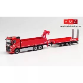   Herpa 312332 Volvo FH FD platós teherautó rakodódaruval és munkagépszállító pótkocsival - Kutter (H0)
