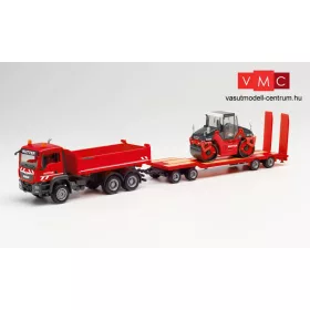   Herpa 312349 MAN TGS M billencs, Goldhoffer TU4 munkagépszállító pótkocsival, DV 90 úthengerrel - Kutter HTS (H0)