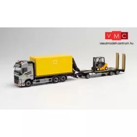   Herpa 312769 Volvo FH Gl platós teherautó konténerrel, munkagépszállító pótkocsival, targoncával, Wallek & Geser (H0)