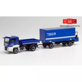   Herpa 312783 MAN TGS L billencs, ponyvás pótkocsival, rakodótargoncával, THW (H0)