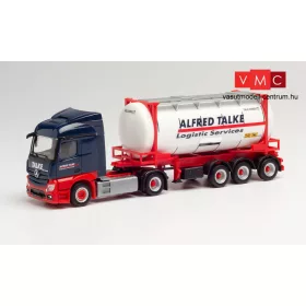   Herpa 312868 Mercedes-Benz Actros 2018 StSp 2.3 nyergesvontató, konténerszállító félpótkocsival, tartálykonténerrel, Alfed Talke (H0)