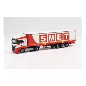   Herpa 313650 Iveco S-Way nyergesvontató, Lowliner ponyvás félpótkocsival - Smet (H0)