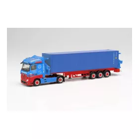   Herpa 313919 Mercedes-Benz Actros 2018 StreamSpace 2.5 nyergesvontató, oldalrakodós konténerszállító félpótkocsival - Frankenbach (H0)