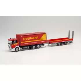   Herpa 313926 Scania CG17 ponyvás tűzoltó teherautó, rámpás utánfutóval - FW (H0)