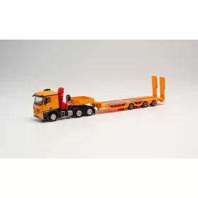   Herpa 313933 Mercedes-Benz Arocs classic 6x4, rakodódaruval, munkagépszállító pótkocsival - kommunálsárga (H0)