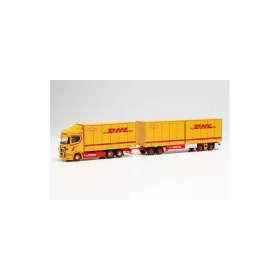   Herpa 314213 Scania CS 20 HD skandináv dobozos teherautó, dobozos pótkocsival - Jimmy Karlsson / DHL (H0)