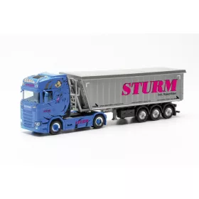   Herpa 315234 Scania CS 20 ND nyergesvontató, Stöffelliner billencs félpótkocsival - Sturm (H0)