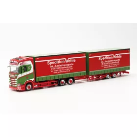   Herpa 315425 Scania CS Volumen-ponyvás teherautó, tandem pótkocsival - Wehle (H0)