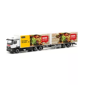   Herpa 316378 Mercedes-Benz Classic 2.3 hűtődobozos teherautó, tandem pótkocsival - Rewe (H0)