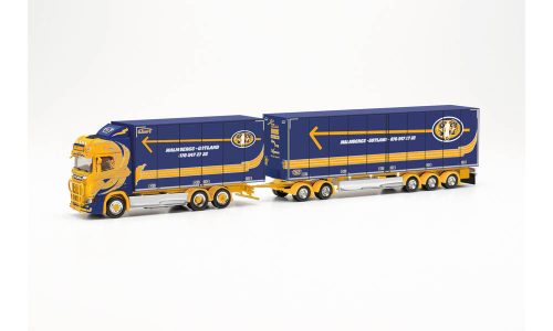 Herpa 316385 Scania CS 20 Schwedencombi ponyvás teherautó, pótkocsival - Malmbergs Akeli (H0)