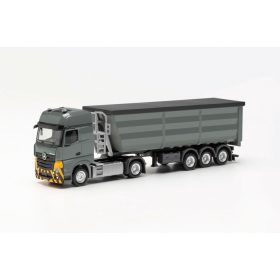  Herpa 316545 Mercedes-Benz Actros L, billencs félpótkocsival - szürke/sárga (H0)
