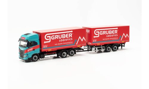 Herpa 316675 Iveco S-Way LNG cserefelépítményszállító teherautó, tandem pótkocsival - Gruber (H0)