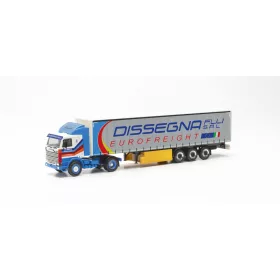   Herpa 316729 Scania 142 nyergesvontató, ponyvás félpótkocsival - Dissegna (H0)