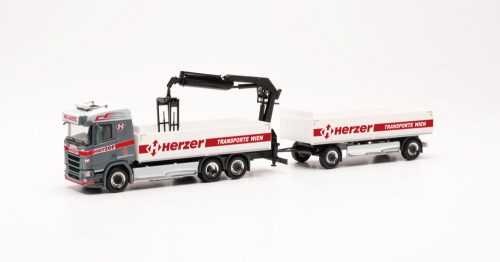 Herpa 316842 Scania CR20 platós teherautó rakodódaruval, pótkocsival - Herzer (H0)