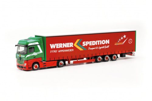 Herpa 317214 Mercedes-Benz Actros Big nyergesvontató, 15m Volumen-ponyvás félpótkocsival - Werner (H0)