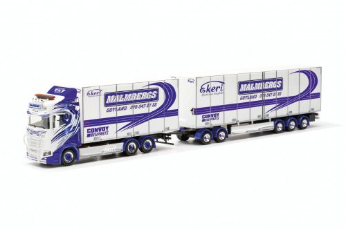 Herpa 317290 Scania CS20 SchwedenKombi dobozos teherautó, pótkocsival - Malmbergs (H0)