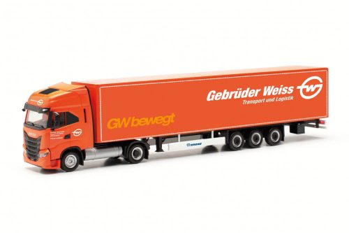 Herpa 317344 Iveco S-Way LNG nyergesvontató, dobozos félpótkocsival - Gebrüder Weiss (H0)