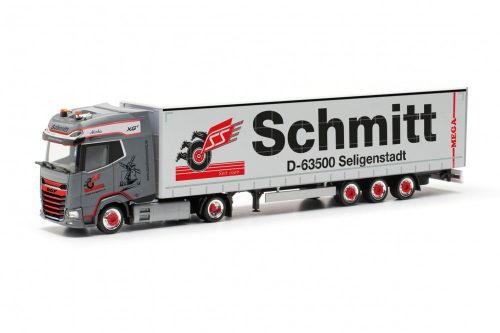 Herpa 317405 DAF XG+ nyergesvontató, Lowliner ponyvás félpótkocsival - Schmitt Seligenstadt (H0)