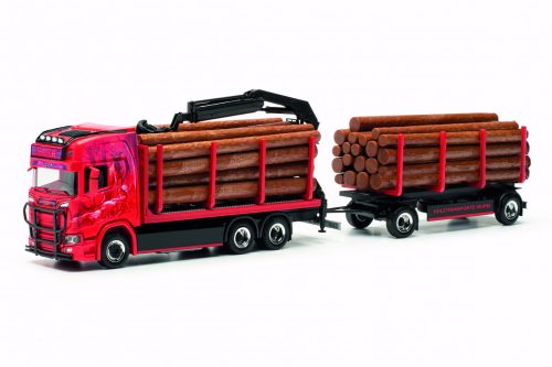 Herpa 317443 Scania CR 20 farönkszállító teherautó rakodódaruval, pótkocsival - Wurm Transporte (H0)