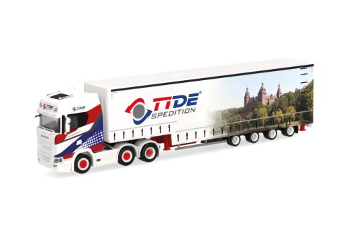 Herpa 319645 Scania CS 20 HD 6x2 nyergesvontató, Meusburger ponyvás félpótkocsival (H0)