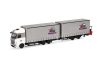 Herpa 319683 Mercedes-Benz Actros jumboponyvás teherautó, tandem-pótkocsival és villás rakodóval (H0)