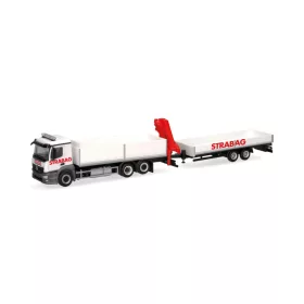   Herpa 320665 Mercedes-Benz Actros M platós teherautó rakodódaruval, munkagépszállító pótkocsival (H0)