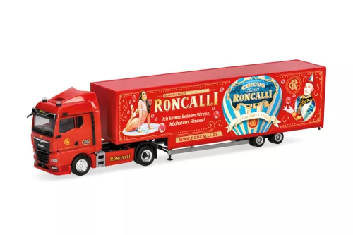 Herpa 320702 MAN TGX nyergesvontató, Jumbodobozos félpótkocsival - Roncalli (H0)