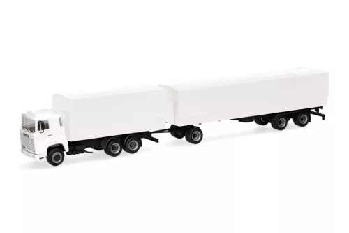 Herpa 320726 Scania 141 ponyvás teherautó pótkocsival - fehér (H0)