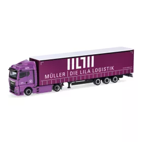   Herpa 320801 MAN eTGX GM nyergesvontató, ponyvás félpótkocsival - Müller (H0)