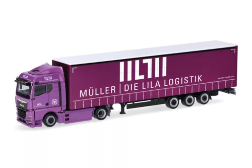 Herpa 320801 MAN eTGX GM nyergesvontató, ponyvás félpótkocsival - Müller (H0)