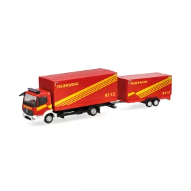   Herpa 321266 Mercedes-Benz Atego 2013 ponyvás tűzoltó teherautó, utánfutóval - Feuerwehr GW Logistik (H0)