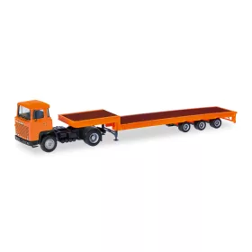   Herpa 321730 Scania 141 nyergesvontató, süllyesztett rakfelületű félpótkocsival - narancs (H0)