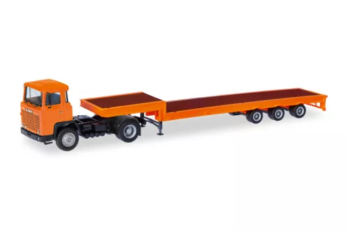 Herpa 321730 Scania 141 nyergesvontató, süllyesztett rakfelületű félpótkocsival - narancs (H0)