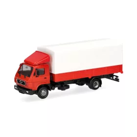 Herpa 321754 MAN G90 ponyvás teherautó, piros/fehér (H0)