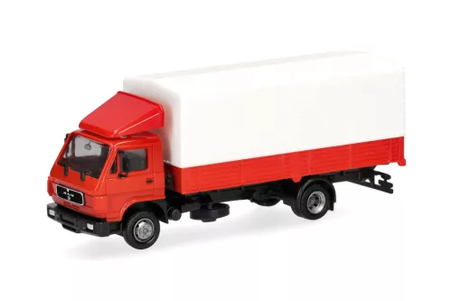 Herpa 321754 MAN G90 ponyvás teherautó, piros/fehér (H0)