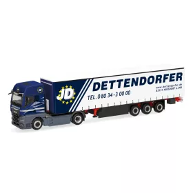   Herpa 321822 MAN eTGX GX nyergesvontató, ponyvás félpótkocsival - Dettendorf (H0)