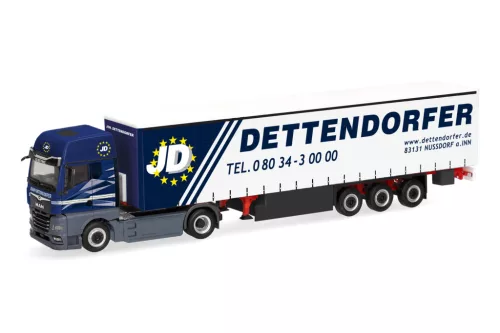 Herpa 321822 MAN eTGX GX nyergesvontató, ponyvás félpótkocsival - Dettendorf (H0)