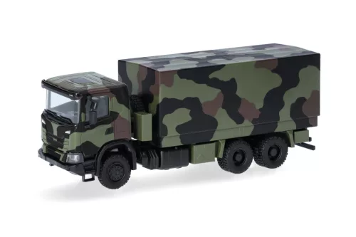 Herpa 747363 Scania XT17 6x6 ponyvás teherautó, álcafestéssel - Bundeswehr (H0)