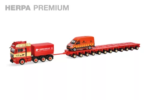 Herpa 960991 MAN TGX GX nehéztehervontató, sokkerekű pótkocsival, MAN TGE -  Torben Rafn (H0)
