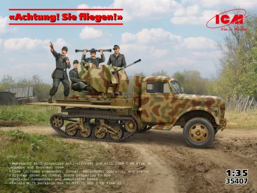 ICM 35407 "Achtung! Sie fliegen!" (Sd.Kfz.3b with 2 см Flak 38 and crew) (1/35) harcjármű makett