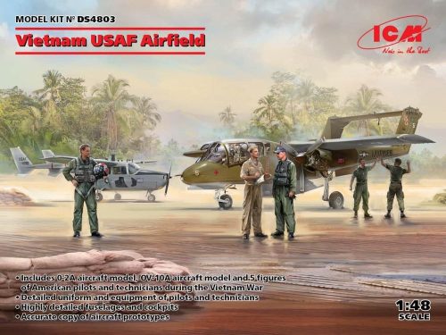 ICM DS4803 Vietnam USAF Airfield(Cessna O-2A,OV-10 Bronco,US Pil&Gro.Pers(Viet.War)5 fig (1/48)