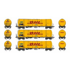   Igra Model 96200012 Tartálykocsi-készlet fékállással, 3-részes négytengelyes Zacns, DHL (E6) (H0)