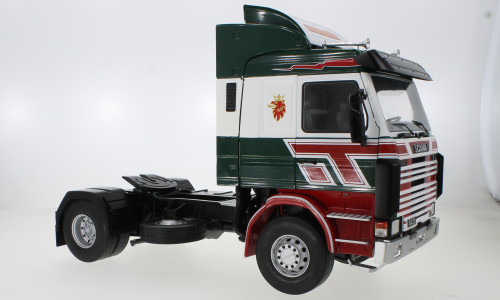 MCG 18239 Scania 143 Topline nyergesvontató 1987, Bilspedition, sötétzöld/piros (248557) (1:18)