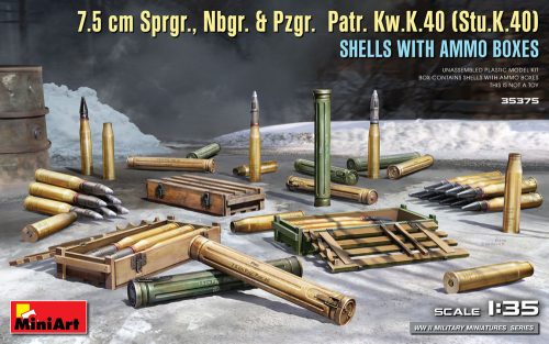 MiniArt 35375 7.5 Cm Sprgr., Nbgr. & Pzgr. Patr. Kw.K.40 (Stu.K.40) Shells With Ammo Boxes (1/35) Fegyver makett