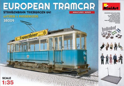 MiniArt 38009 European Tramcar (Strassenbahn Triebwagen 641) with Crew & Passengers (1/35) Villamos makett